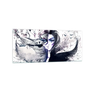 Cuadro sobre vidrio - Impresiones sobre Vidrio - Rostro abstracto con elementos contrastantes y motivo de ala. - 120x50cm - Demoníaca y hermosa - Decoración de pared moderna para salón y dormitorio ARTTOR