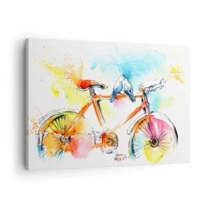 Cuadro sobre lienzo - Impresión de Imagen - Pintura de acuarela colorida de una bicicleta con pájaros sentados en ella. - 70x50cm - Dos en bicicleta - Decoración de pared moderna para salón y dormitorio ARTTOR