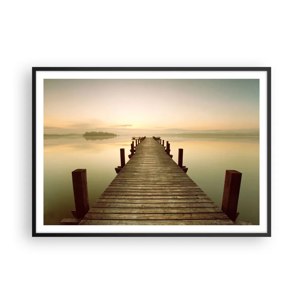 Póster en marco negro - Un embarcadero de madera en un lago tranquilo por la mañana. - 100x70cm - Antes del amanecer, al amanecer, la luz - Decoración de pared moderna para salón y dormitorio ARTTOR