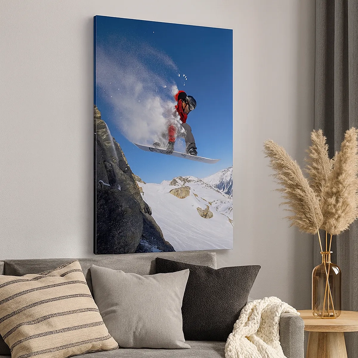 Cuadro sobre lienzo - Impresión de Imagen - Un snowboarder salta desde una roca frente a un paisaje montañoso. - 50x70cm - Y te convertiste en parte del lugar - Decoración de pared moderna para salón y dormitorio ARTTOR