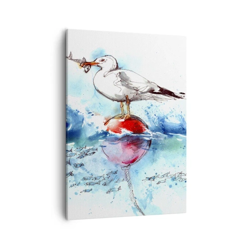 Cuadro sobre lienzo - Impresión de Imagen - Gaviota en una boya con peces al fondo en estilo acuarela - 50x70cm - Una captura exitosa - Decoración de pared moderna para salón y dormitorio ARTTOR