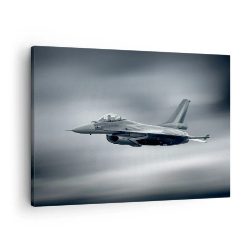 Cuadro sobre lienzo - Impresión de Imagen - Un avión de combate en vuelo contra un cielo nublado. - 70x50cm - ¿Quieres un reto? - Decoración de pared moderna para salón y dormitorio ARTTOR