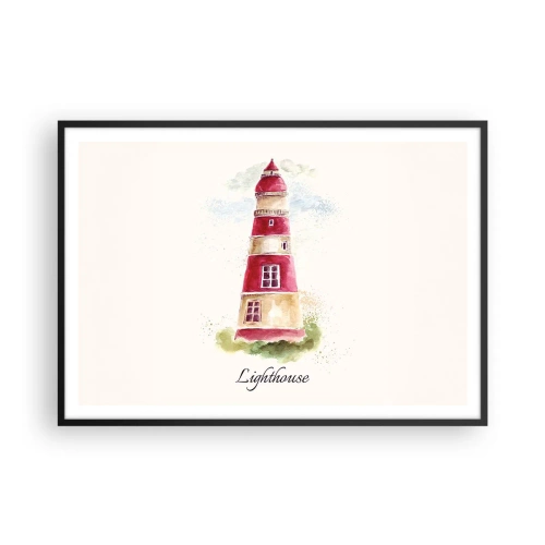 Póster en marco negro - Una pintura de acuarela de un faro sobre un fondo claro con una inscripción. - 100x70cm - Siempre observando - Decoración de pared moderna para salón y dormitorio ARTTOR