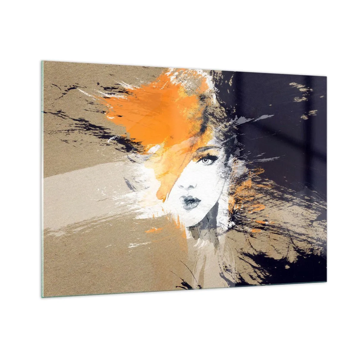 Cuadro sobre vidrio - Impresiones sobre Vidrio - Retrato abstracto de una mujer con acentos naranjas. - 100x70cm - Y se convierte en luz - Decoración de pared moderna para salón y dormitorio ARTTOR