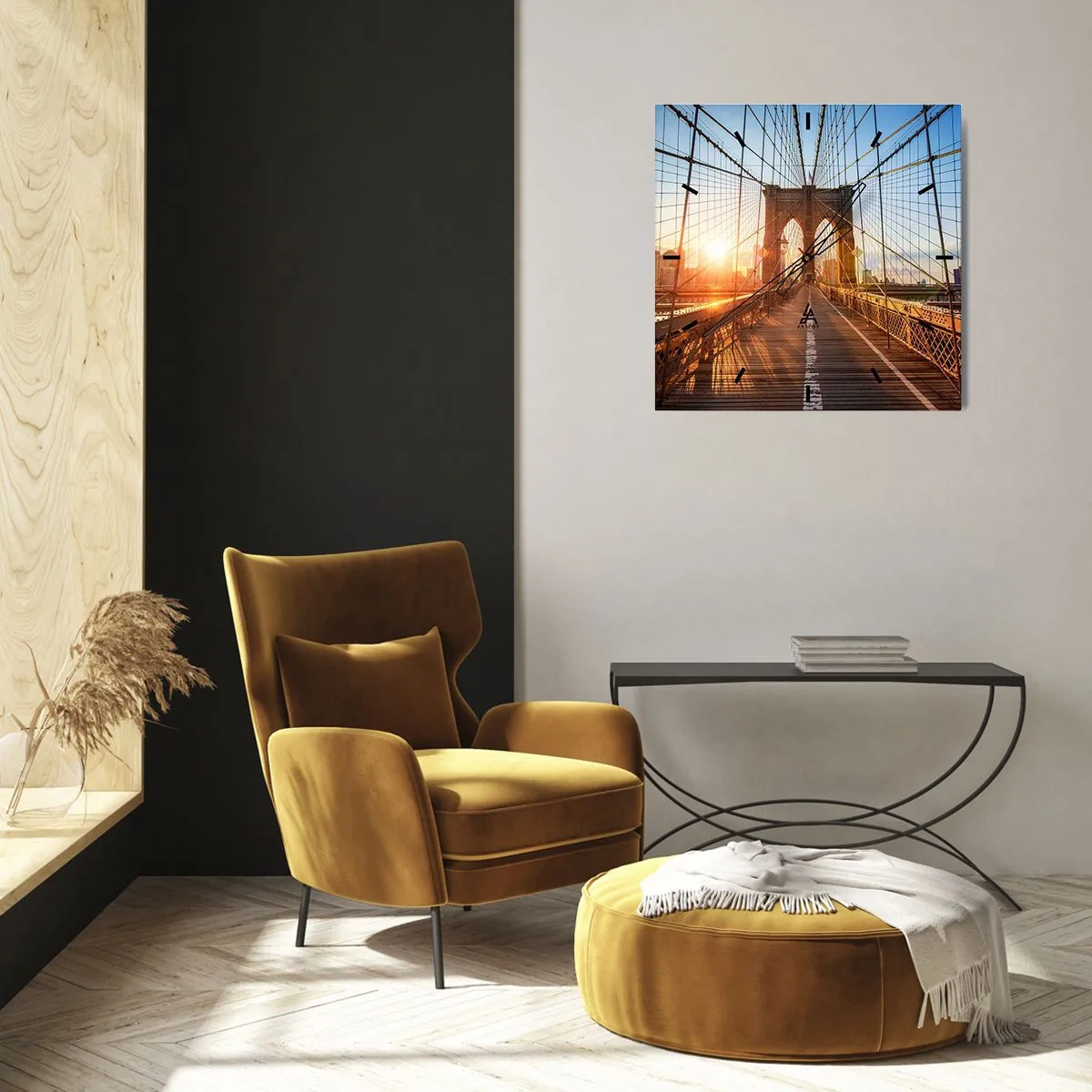 Reloj de pared - Reloj de vidrio - El puente a la luz del sol poniente con vistas a la ciudad. - 30x30cm - En el puente dorado - Decoración de pared moderna para salón y dormitorio ARTTOR