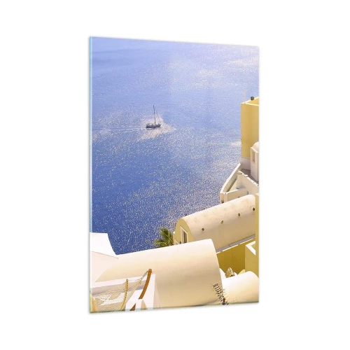 Cuadro sobre vidrio - Impresiones sobre Vidrio - Arquitectura griega con vistas al mar y un barco al fondo. - 80x120cm - Paisaje griego en blanco y azul - Decoración de pared moderna para salón y dormitorio ARTTOR