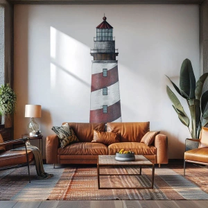 Fotomural Premium Canvas - Una imagen de dibujos animados de un faro con rayas rojas y blancas sobre un fondo minimalista. - 100x70cm - Siempre en guardia - Decoración de pared moderna para salón y dormitorio ARTTOR