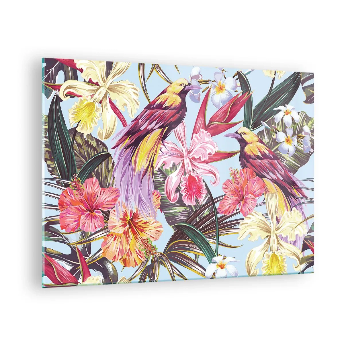 Cuadro sobre vidrio - Impresiones sobre Vidrio - Aves y flores exóticas sobre un fondo claro. - 70x50cm - Pétalos y plumas - Decoración de pared moderna para salón y dormitorio ARTTOR