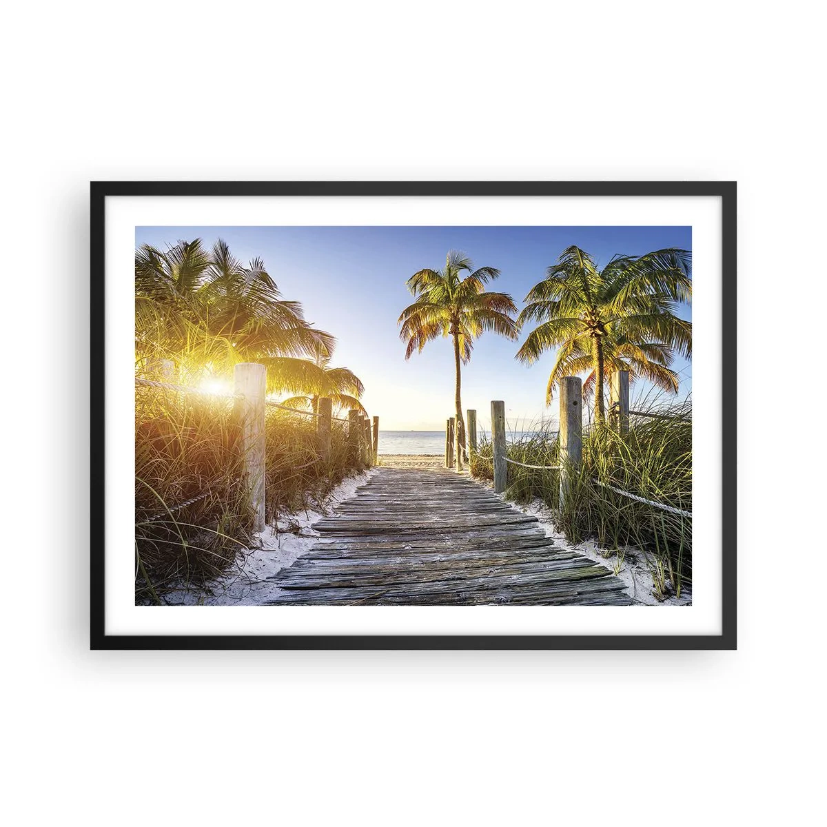 Póster en marco negro - Camino de madera en la playa con palmeras al fondo - 70x50cm - Directo al paraíso - Decoración de pared moderna para salón y dormitorio ARTTOR