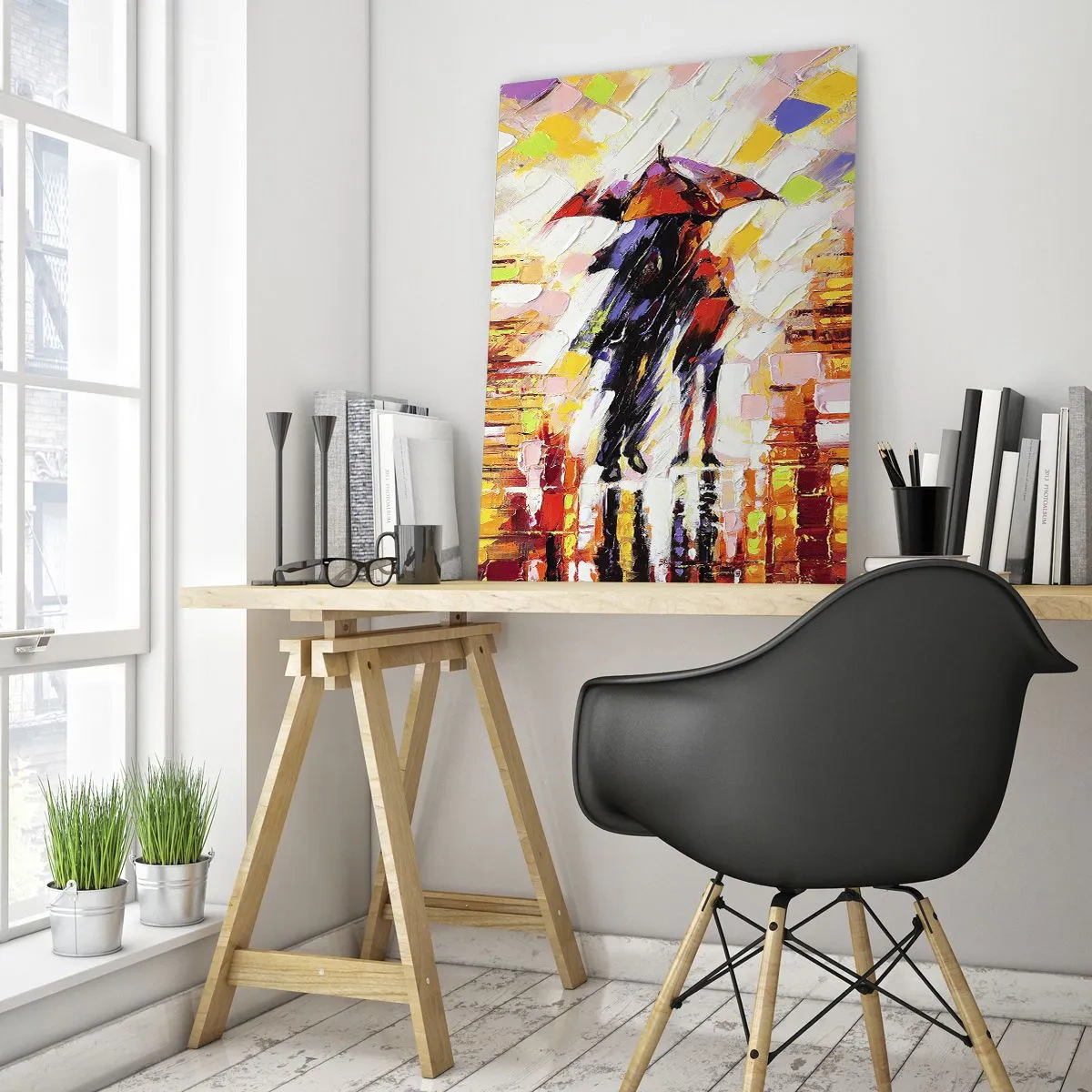 Cuadro sobre vidrio - Impresiones sobre Vidrio - Una escena abstracta de un paseo bajo un paraguas en una noche lluviosa. - 80x120cm - Juntos a través de la noche y la lluvia - Decoración de pared moderna para salón y dormitorio ARTTOR