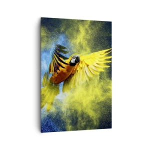 Cuadro sobre lienzo - Impresión de Imagen - Un loro en vuelo sobre un fondo de explosiones de colores amarillo y azul. - 70x100cm - En polvo azul y dorado - Decoración de pared moderna para salón y dormitorio ARTTOR