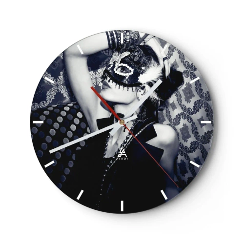 Reloj de pared - Reloj de vidrio - Una mujer que lleva una máscara decorativa con un traje blanco y negro. - 30x30cm - Decoraciones, adornos, patrones... - Decoración de pared moderna para salón, cocina y dormitorio ARTTOR