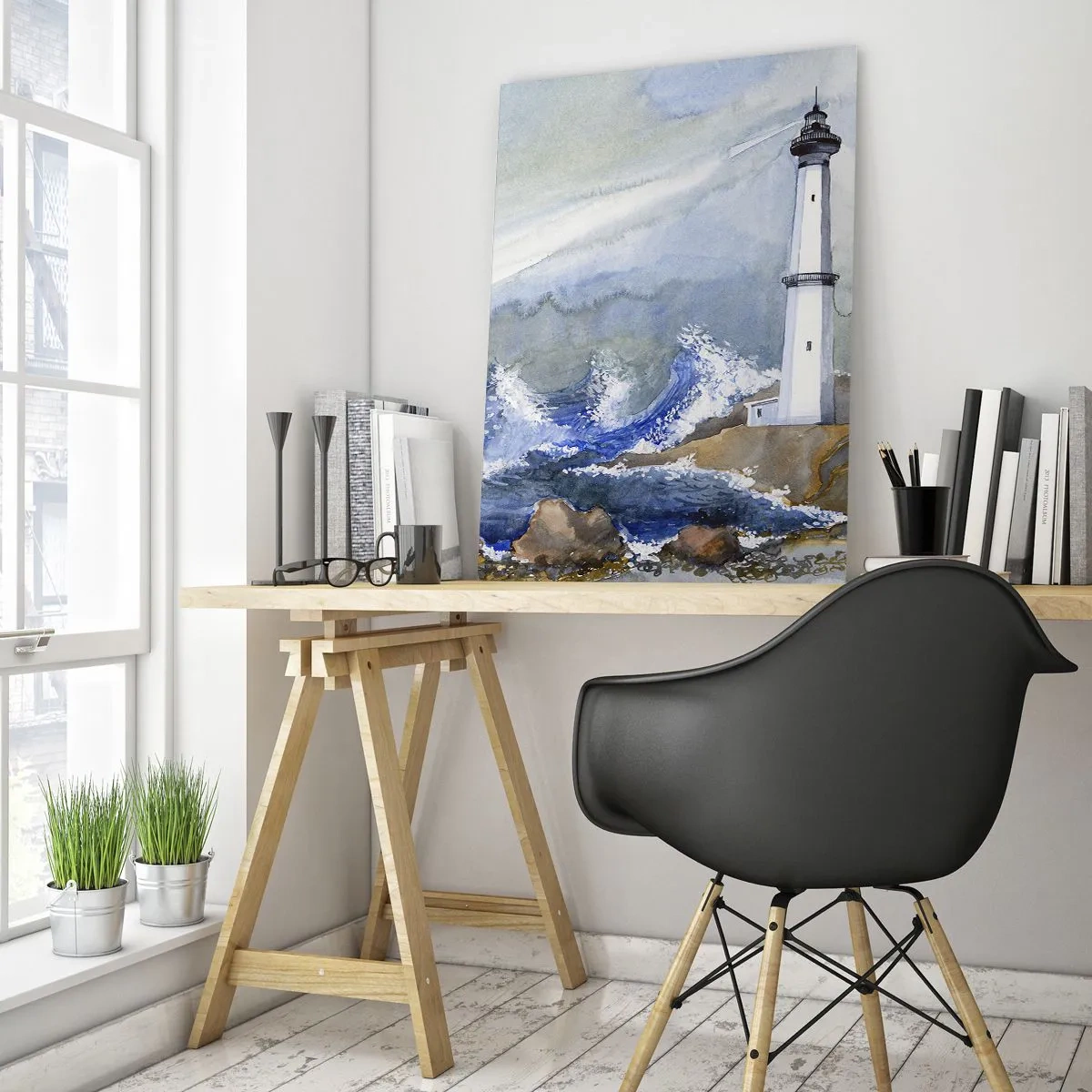 Cuadro sobre vidrio - Impresiones sobre Vidrio - Un faro junto a un mar tempestuoso en estilo acuarela. - 50x70cm - Contra la oscuridad y la tormenta - Decoración de pared moderna para salón y dormitorio ARTTOR
