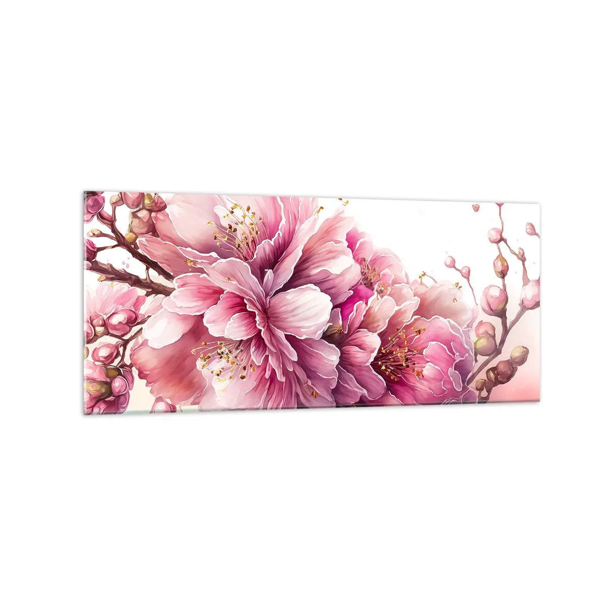 Cuadro sobre vidrio - Impresiones sobre Vidrio - Delicadas flores de cerezo en plena floración sobre un fondo claro. - 120x50cm - Flor de cerezo - Decoración de pared moderna para salón y dormitorio ARTTOR
