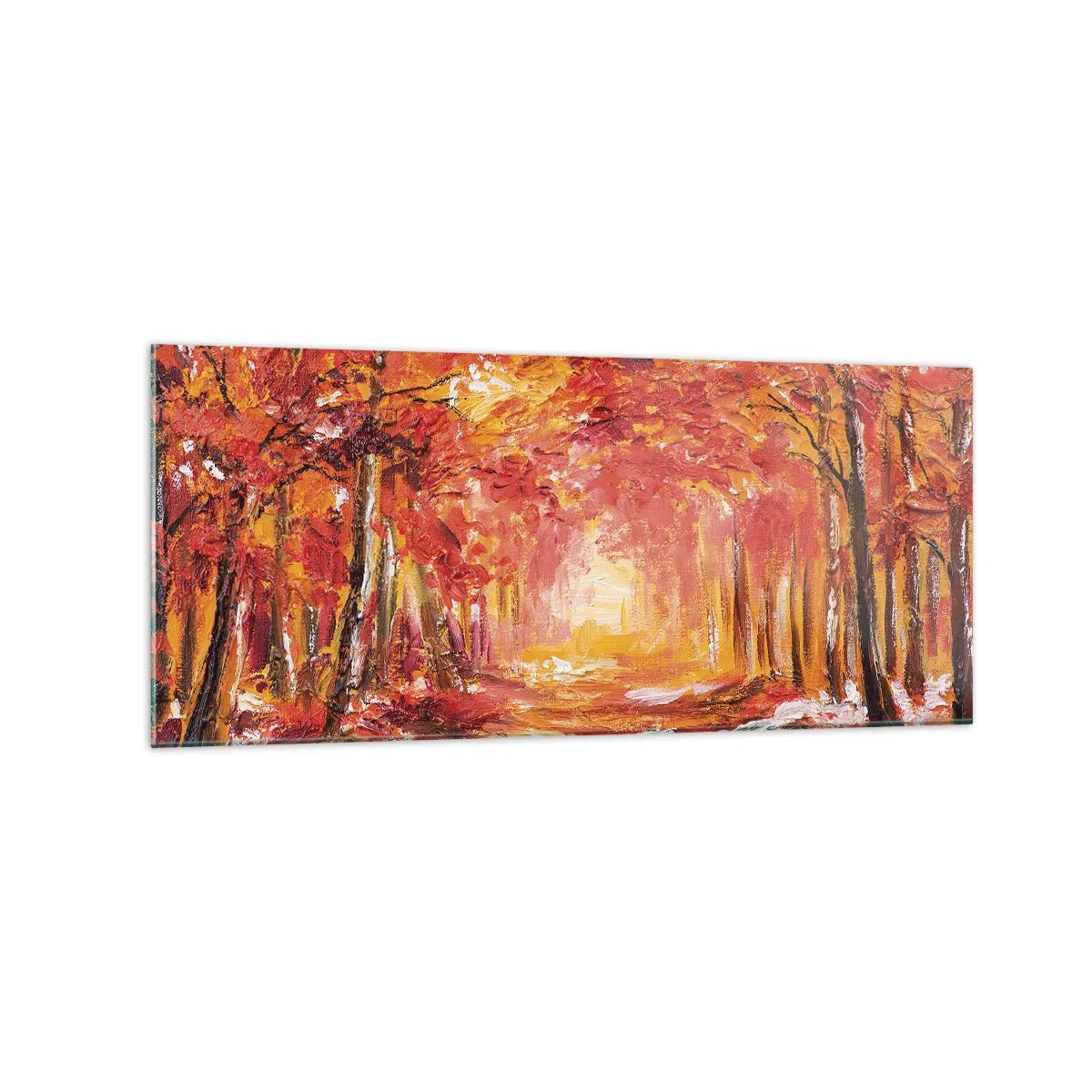 Cuadro sobre vidrio - Impresiones sobre Vidrio - Bosque otoñal en tonos cobre y dorado. - 120x50cm - Bosque de cobre - Decoración de pared moderna para salón y dormitorio ARTTOR