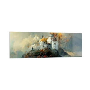 Cuadro sobre vidrio - Impresiones sobre Vidrio - Un castillo en una colina rodeado de árboles otoñales. - 160x50cm - El comienzo de una historia romántica - Decoración de pared moderna para salón y dormitorio ARTTOR