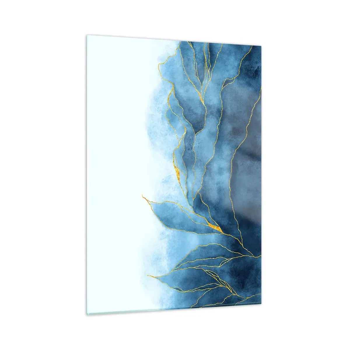 Cuadro sobre vidrio - Impresiones sobre Vidrio - Formas abstractas azules con delicadas líneas doradas. - 50x70cm - Oro y azul - Decoración de pared moderna para salón y dormitorio ARTTOR