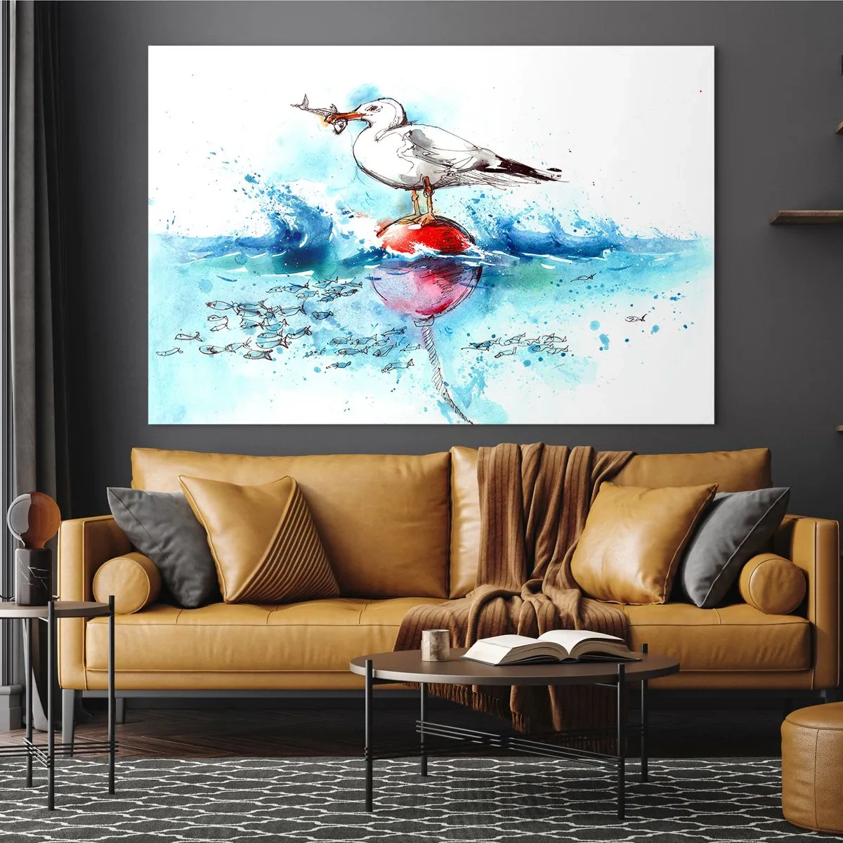 Cuadro sobre vidrio - Impresiones sobre Vidrio - Una gaviota en una boya con un pez en el fondo de las olas del mar. - 100x70cm - Una captura exitosa - Decoración de pared moderna para salón y dormitorio ARTTOR