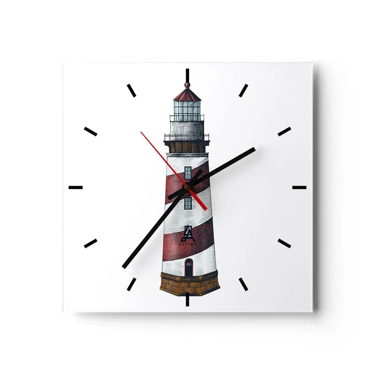 Reloj de pared - Reloj de vidrio - Una imagen de dibujos animados de un faro con rayas rojas y blancas sobre un fondo minimalista. - 30x30cm - Siempre en guardia - Decoración de pared moderna para salón y dormitorio ARTTOR