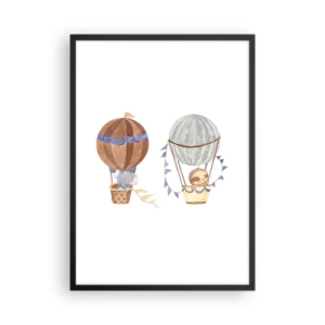 Póster en marco negro - Lindos animales en globos sobre un fondo blanco en estilo acuarela. - 50x70cm - Amigos de viaje - Decoración de pared moderna para salón y dormitorio ARTTOR