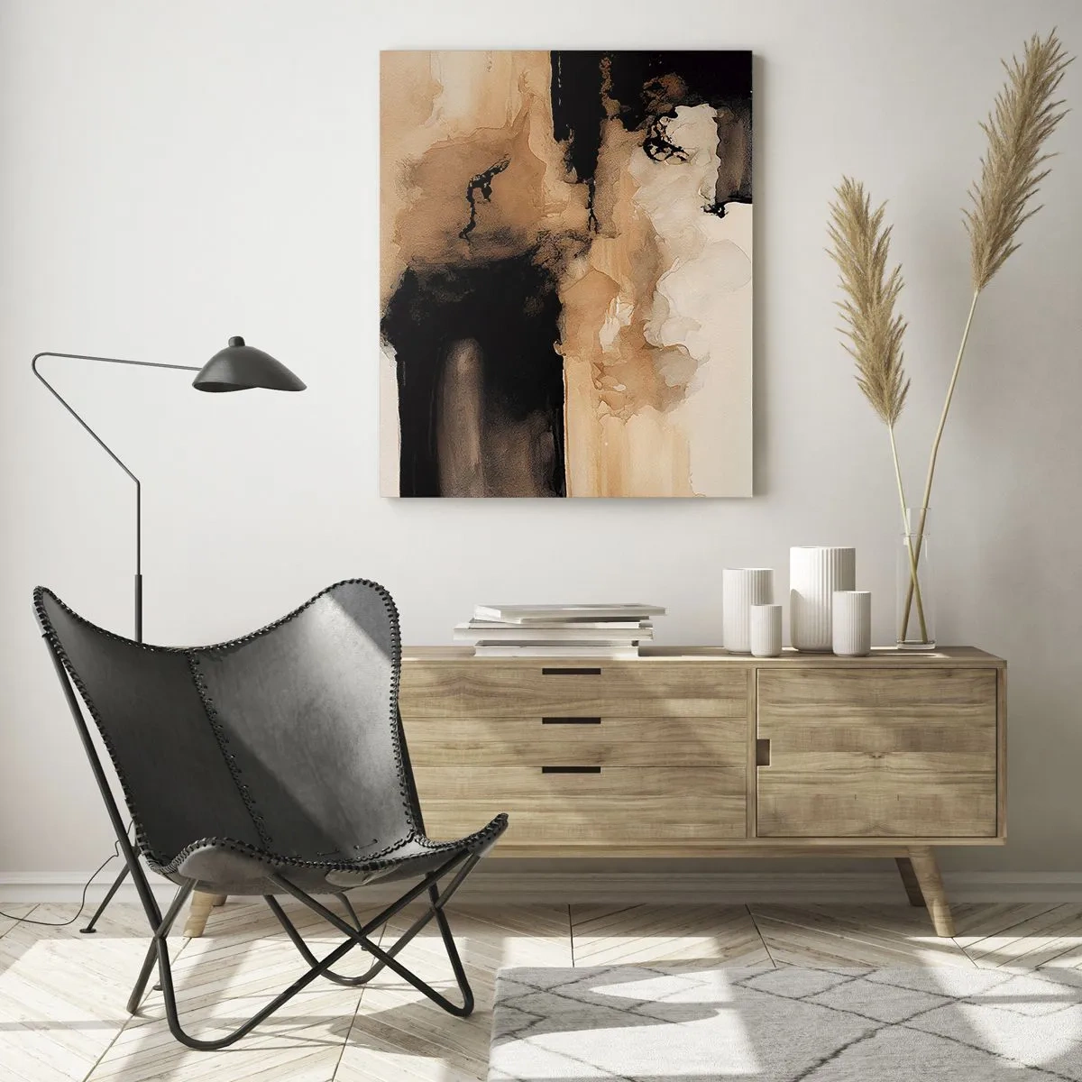 Cuadro sobre vidrio - Impresiones sobre Vidrio - Una forma abstracta en negro y marrón sobre un fondo claro. - 50x70cm - Una abstracción intrigante - Decoración de pared moderna para salón y dormitorio ARTTOR
