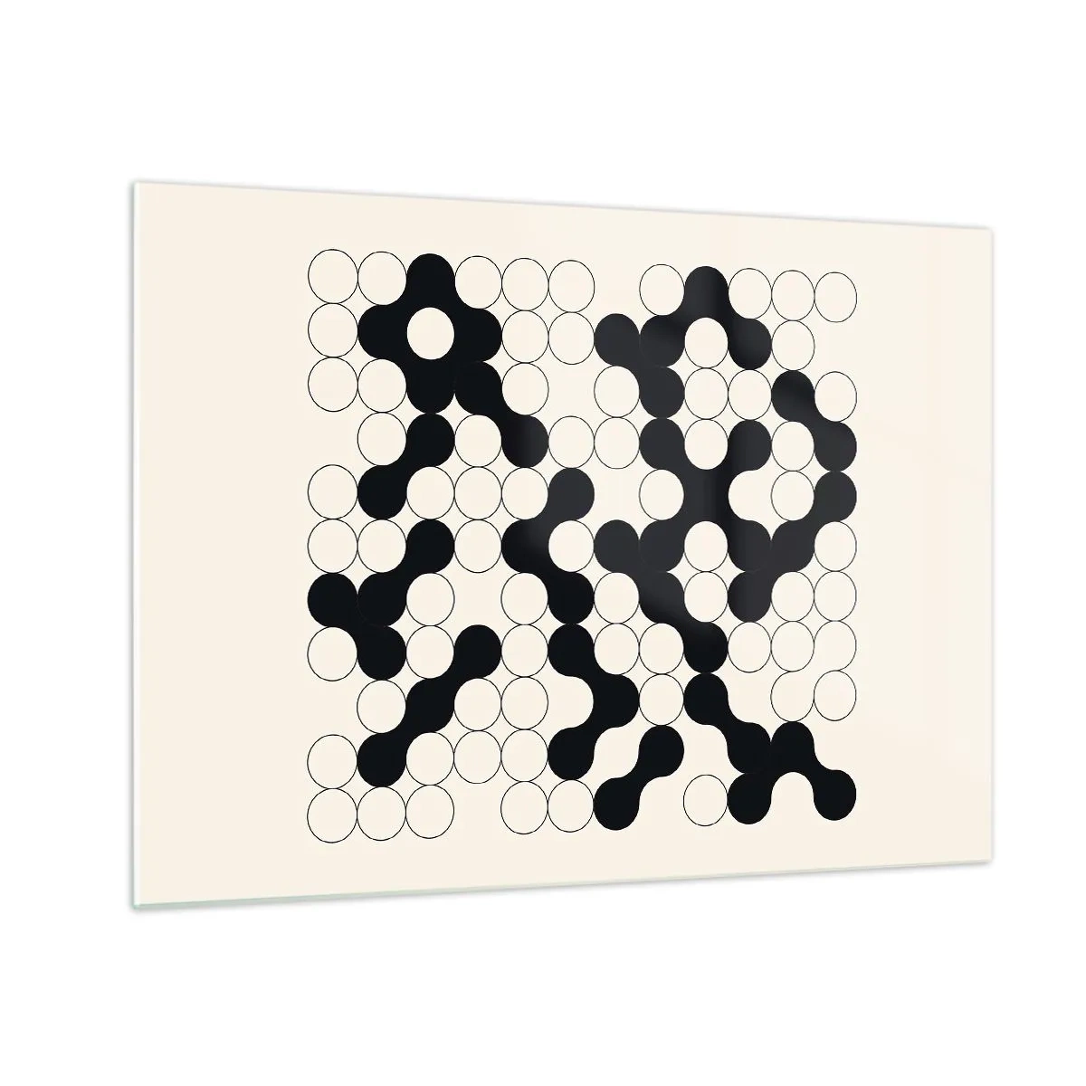 Cuadro sobre vidrio - Impresiones sobre Vidrio - Un mosaico gráfico en blanco y negro compuesto por puntos conectados. - 70x50cm - Juego chino - una variación - Decoración de pared moderna para salón y dormitorio ARTTOR