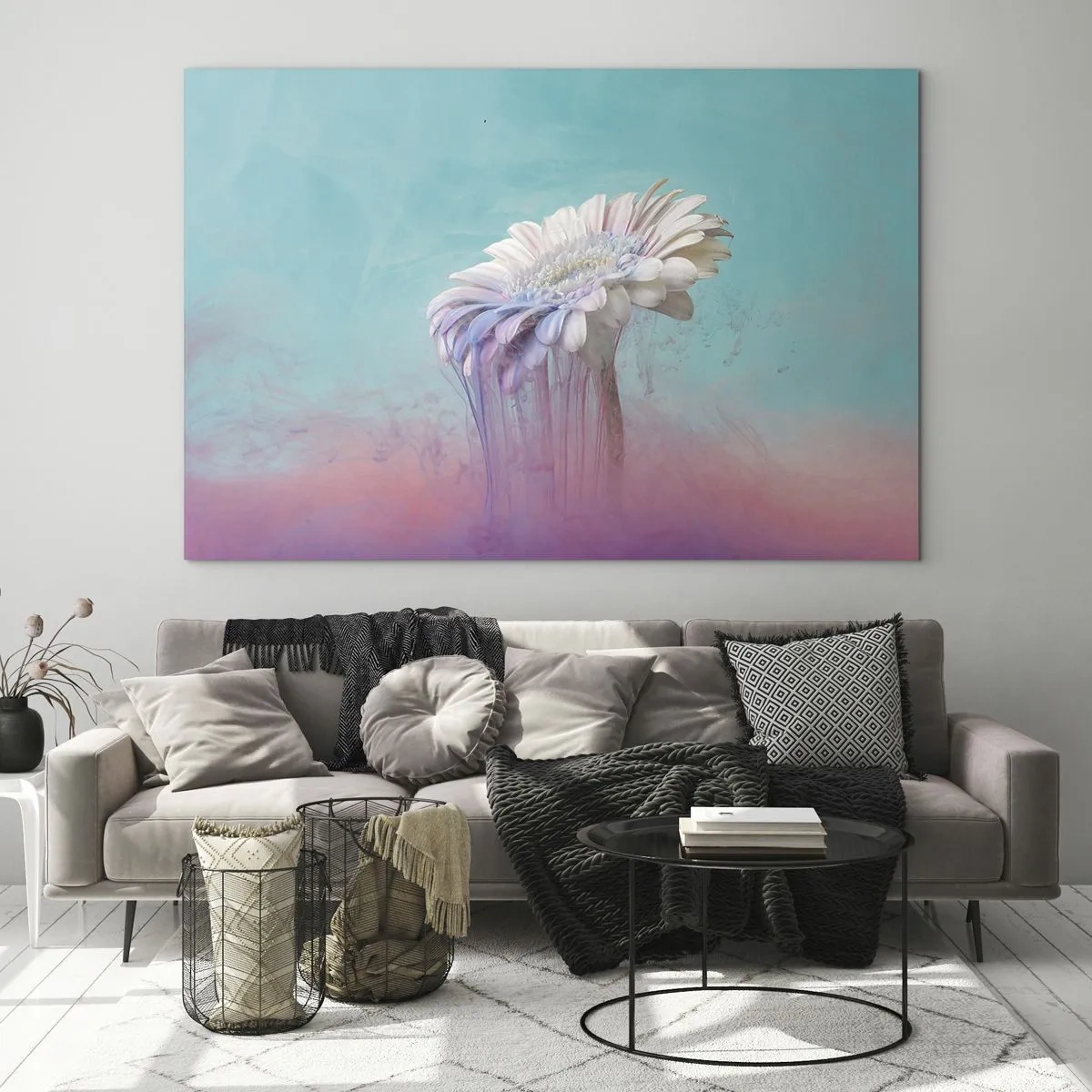 Cuadro sobre vidrio - Impresiones sobre Vidrio - Una delicada flor inmersa en tonos pastel de azul y rosa. - 120x80cm - El inframundo de las flores - Decoración de pared moderna para salón y dormitorio ARTTOR