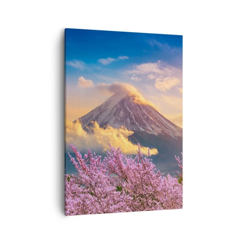 Cuadro sobre lienzo - Impresión de Imagen - Monte Fuji con flores de cerezo al fondo al atardecer - 50x70cm - La santidad japonesa - Decoración de pared moderna para salón y dormitorio ARTTOR