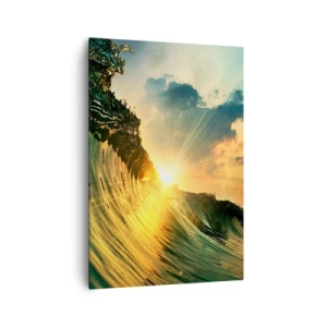 Cuadro sobre lienzo - Impresión de Imagen - Una ola con el sol poniente y nubes iluminadas. - 70x100cm - Surfer, ¿dónde estás? - Decoración de pared moderna para salón y dormitorio ARTTOR