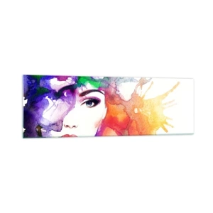 Cuadro sobre vidrio - Impresiones sobre Vidrio - Retrato de una mujer en colores de acuarela con manchas abstractas. - 160x50cm - Con la cabeza en las nubes - Decoración de pared moderna para salón y dormitorio ARTTOR