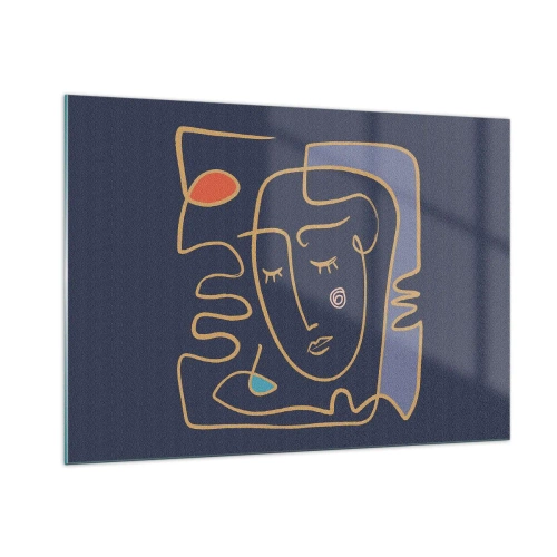 Cuadro sobre vidrio - Impresiones sobre Vidrio - Rostro abstracto delineado sobre un fondo azul marino - 100x70cm - En un maravilloso sueño - Decoración de pared moderna para salón y dormitorio ARTTOR