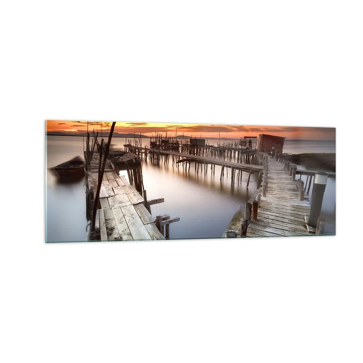 Cuadro sobre vidrio - Impresiones sobre Vidrio - Muelles de madera en aguas tranquilas al atardecer - 140x50cm - Auténtico, sublime - Decoración de pared moderna para salón y dormitorio ARTTOR