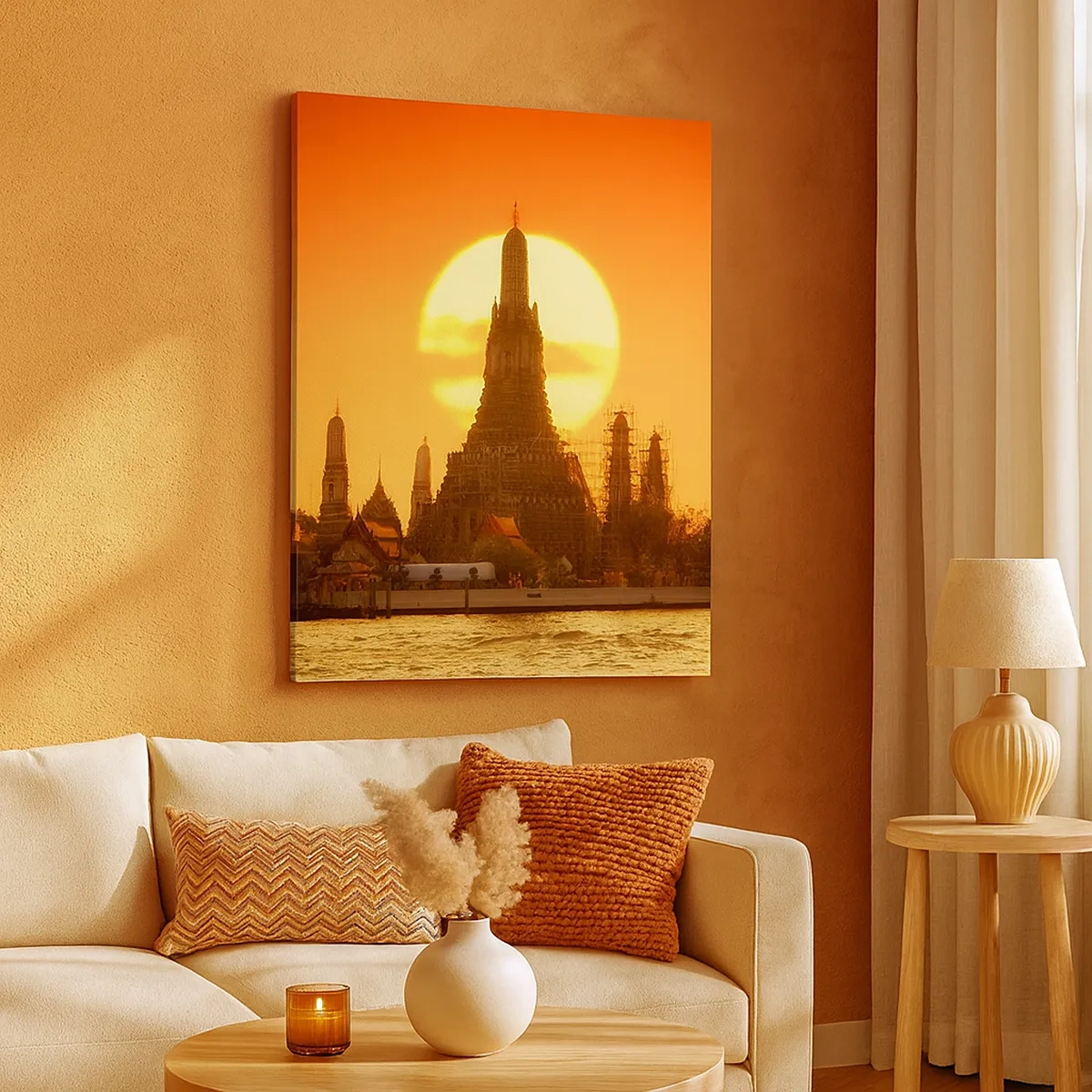 Cuadro sobre lienzo - Impresión de Imagen - Puesta de sol sobre el templo con reflejo en el agua. - 50x70cm - Hacia el sol, siempre hacia el sol - Decoración de pared moderna para salón y dormitorio ARTTOR