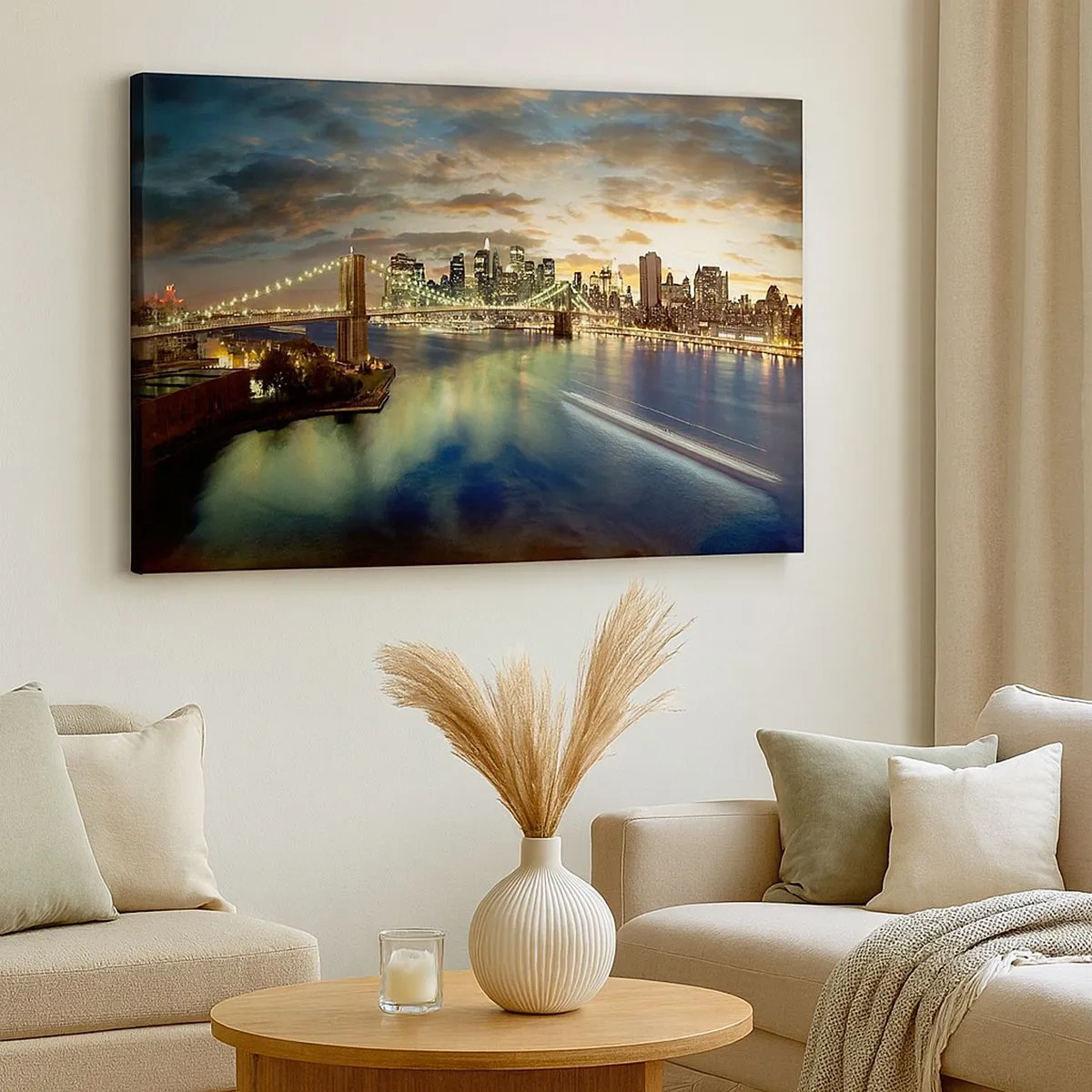Cuadro sobre lienzo - Impresión de Imagen - Un puente iluminado con la ciudad al fondo, con luces reflejadas en el agua. - 70x50cm - Un atardecer iluminado sobre Manhattan - Decoración de pared moderna para salón y dormitorio ARTTOR