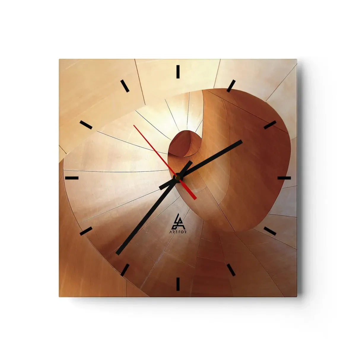 Reloj de pared - Reloj de vidrio - Espiral abstracta en tonos madera y marrón claro. - 30x30cm - Serpentina arquitectónica - Decoración de pared moderna para salón y dormitorio ARTTOR