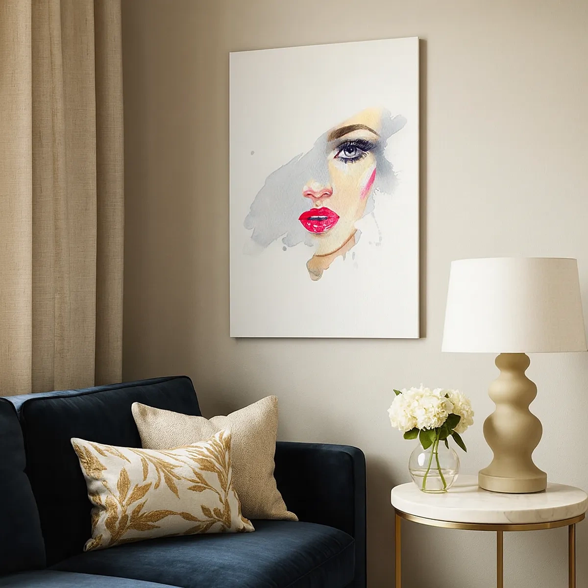 Cuadro sobre lienzo - Impresión de Imagen - Un retrato en acuarela de una mujer de mirada intensa. - 50x70cm - Reflejo en una gota de agua - Decoración de pared moderna para salón y dormitorio ARTTOR