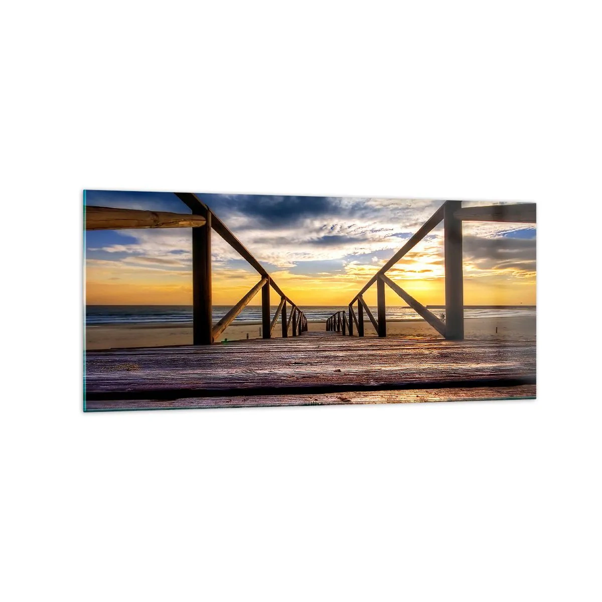 Cuadro sobre vidrio - Impresiones sobre Vidrio - Muelle de madera que conduce a la playa al atardecer - 120x50cm - Directamente hacia una playa tranquila al atardecer - Decoración de pared moderna para salón y dormitorio ARTTOR