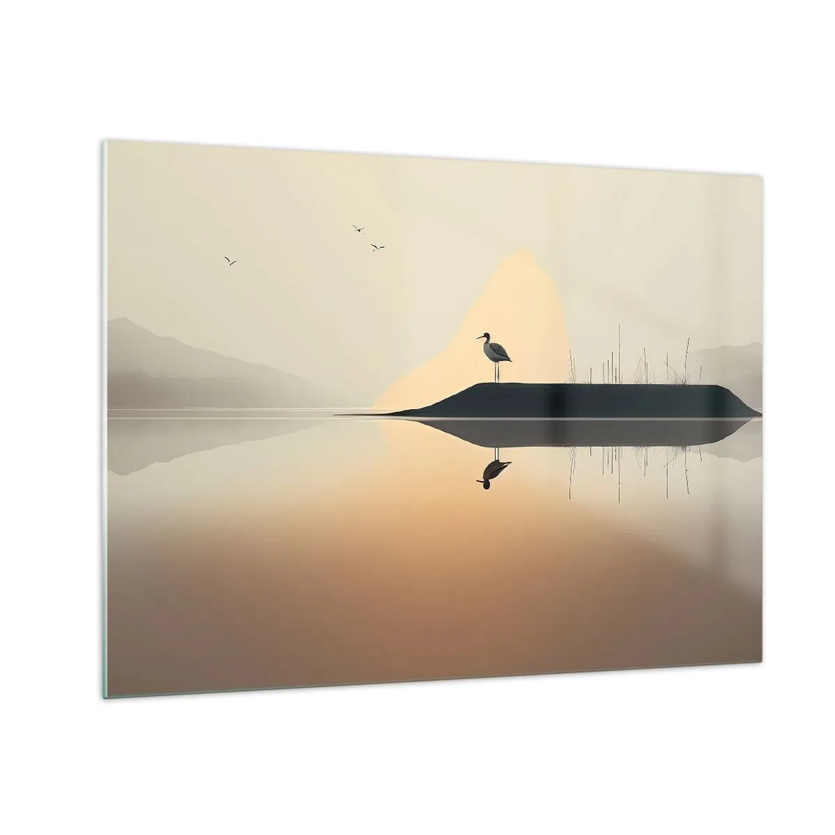 Cuadro sobre vidrio - Impresiones sobre Vidrio - Una garza parada en una isla en las tranquilas aguas de un lago. - 70x50cm - Un caballero en el lago - Decoración de pared moderna para salón y dormitorio ARTTOR