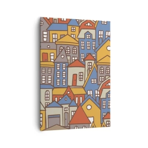 Cuadro sobre lienzo - Impresión de Imagen - Casas coloridas en estilo gráfico sobre un fondo claro. - 70x100cm - Casa tras casa - Decoración de pared moderna para salón y dormitorio ARTTOR