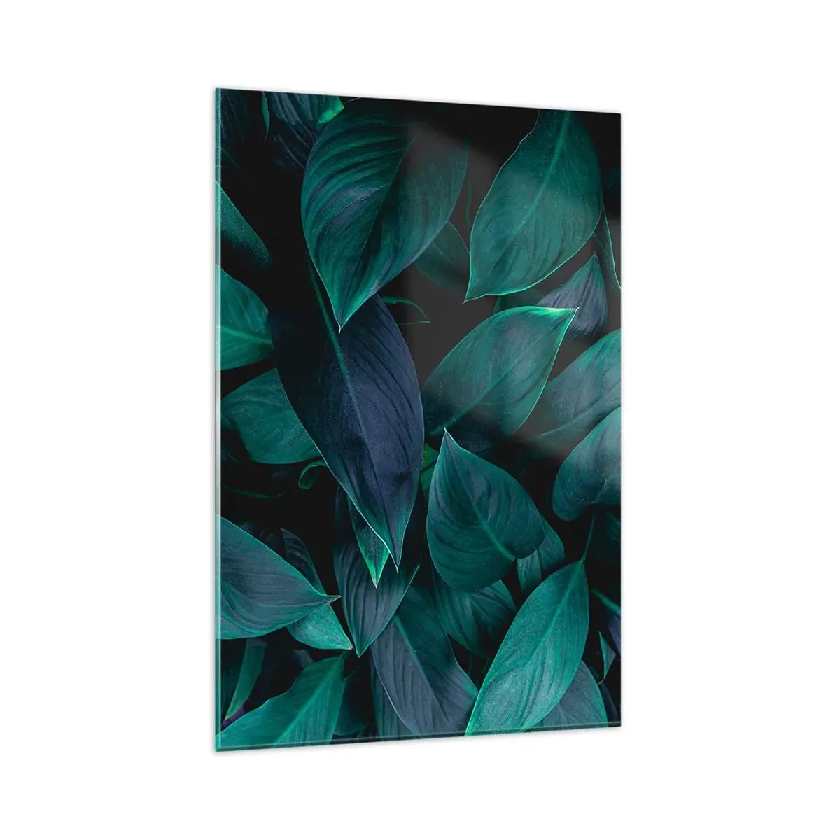 Cuadro sobre vidrio - Impresiones sobre Vidrio - Primer plano de hojas verdes con un fondo oscuro - 80x120cm - El propio verde - Decoración de pared moderna para salón y dormitorio ARTTOR