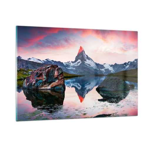 Cuadro sobre vidrio - Impresiones sobre Vidrio - Un pico de montaña reflejado en la tranquila superficie de un lago al atardecer. - 120x80cm - El corazón de las montañas arde - Decoración de pared moderna para salón y dormitorio ARTTOR
