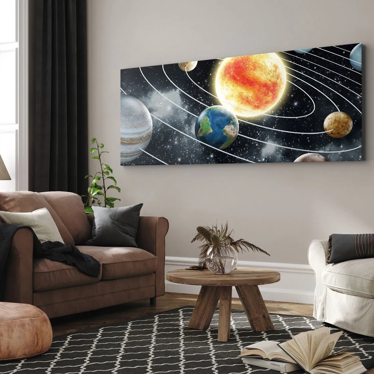 Cuadro sobre lienzo - Impresión de Imagen - Sistema solar con planetas y sol en el espacio. - 120x50cm - Danza cósmica - Decoración de pared moderna para salón y dormitorio ARTTOR