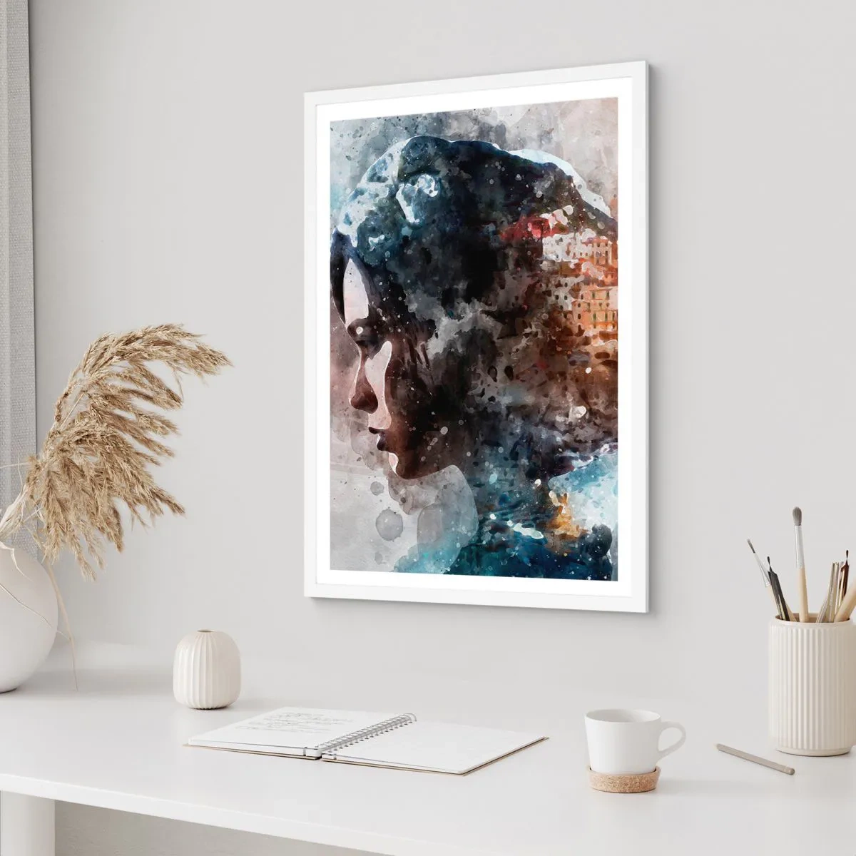 Póster en marco blanco - Una historia sobre una niña con una ciudad de fondo - 61x91 cm