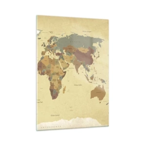 Cuadro sobre vidrio - Impresiones sobre Vidrio - Un mapa del mundo en tonos beige y marrón sobre un fondo vintage. - 50x70cm - Para ti, el mundo entero - Decoración de pared moderna para salón y dormitorio ARTTOR