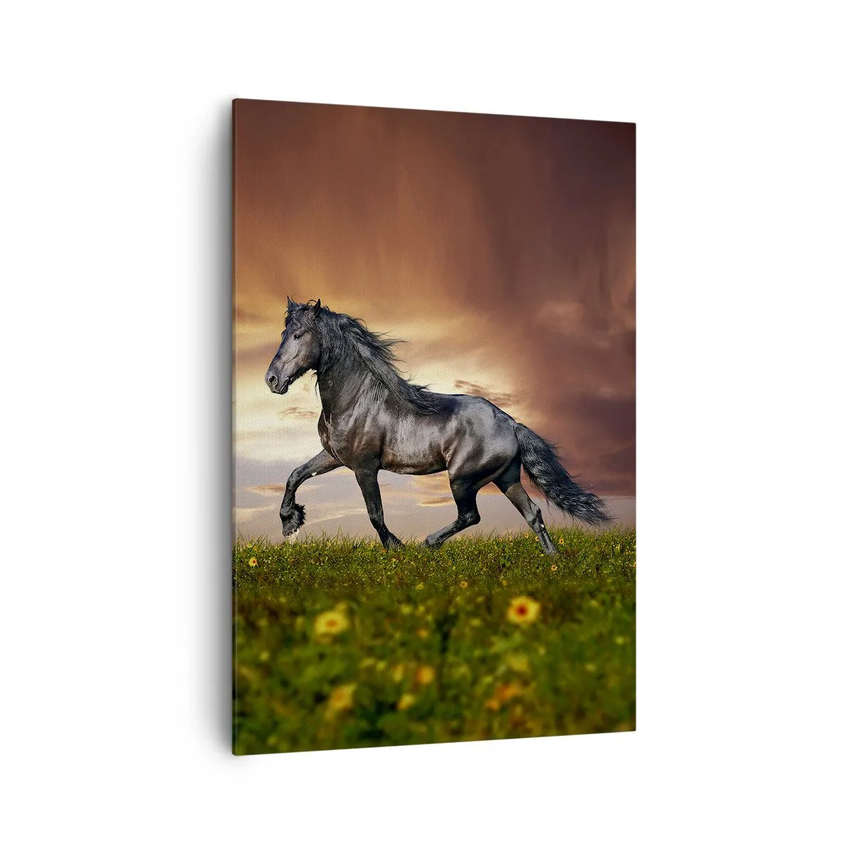 Cuadro sobre lienzo - Impresión de Imagen - Un caballo negro galopando contra el sol poniente. - 70x100cm - Príncipe negro - Decoración de pared moderna para salón y dormitorio ARTTOR