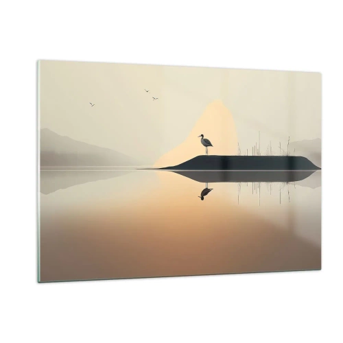 Cuadro sobre vidrio - Impresiones sobre Vidrio - Una garza parada en una isla en las tranquilas aguas de un lago. - 120x80cm - Un caballero en el lago - Decoración de pared moderna para salón y dormitorio ARTTOR