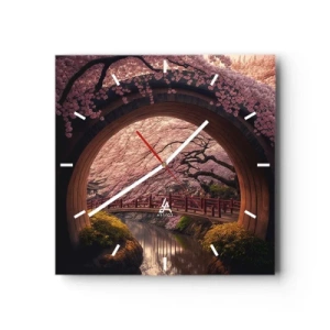 Reloj de pared - Reloj de vidrio - Un puente tradicional japonés rodeado de flores de cerezo. - 30x30cm - Primavera japonesa - Decoración de pared moderna para salón y dormitorio ARTTOR