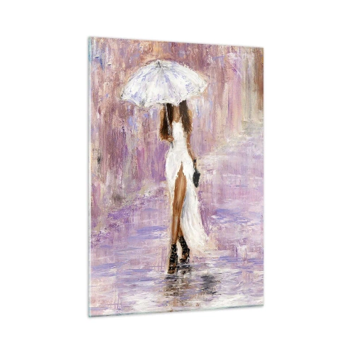Cuadro sobre vidrio - Impresiones sobre Vidrio - Figura de una mujer con paraguas en una escena de lluvia lila - 50x70cm - En la lluvia de lilas - Decoración de pared moderna para salón y dormitorio ARTTOR