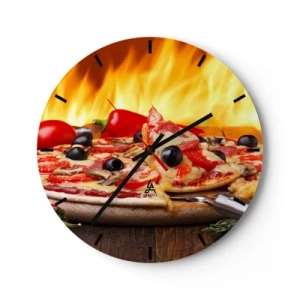 Reloj de pared - Reloj de vidrio - Pizza con aceitunas y tomates al fuego - 30x30cm - Desde Italia con amor - Decoración de pared moderna para salón, cocina y dormitorio ARTTOR