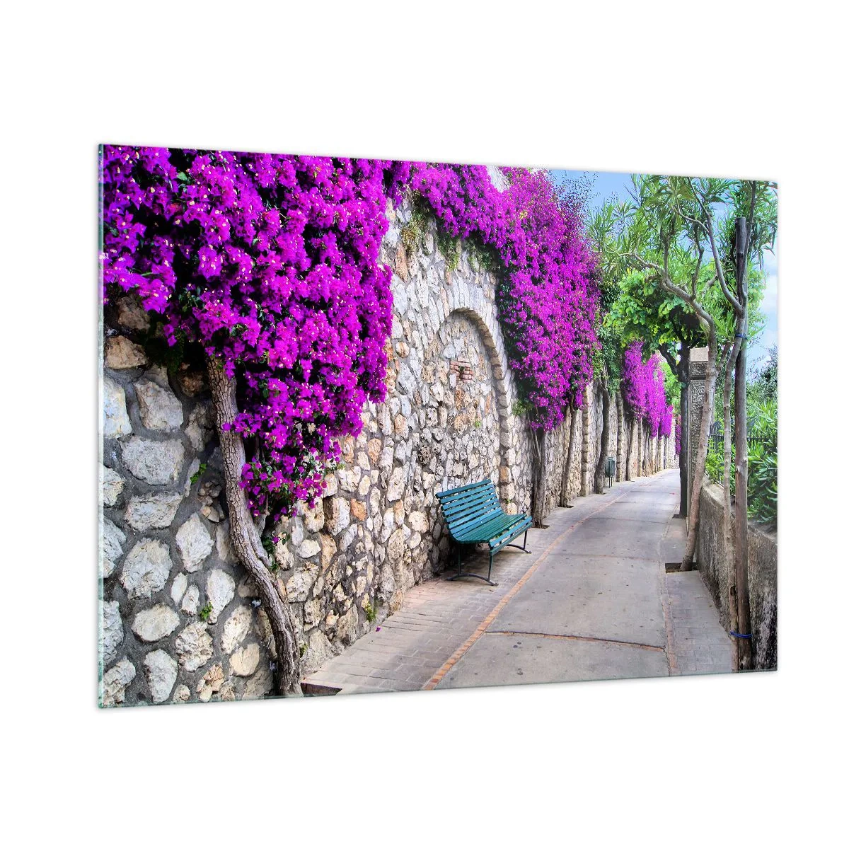 Cuadro sobre vidrio - Impresiones sobre Vidrio - Un muro de piedra con flores violetas y un banco a lo largo del camino. - 100x70cm - Punto de reunión - Decoración de pared moderna para salón y dormitorio ARTTOR
